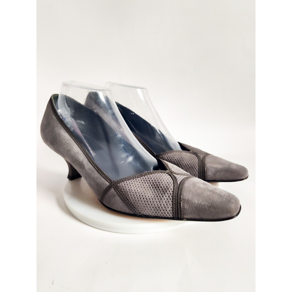Vintage Kitten Heels Pumps 10 Italy Pointed Square Toe Perforated Suede Leather‎